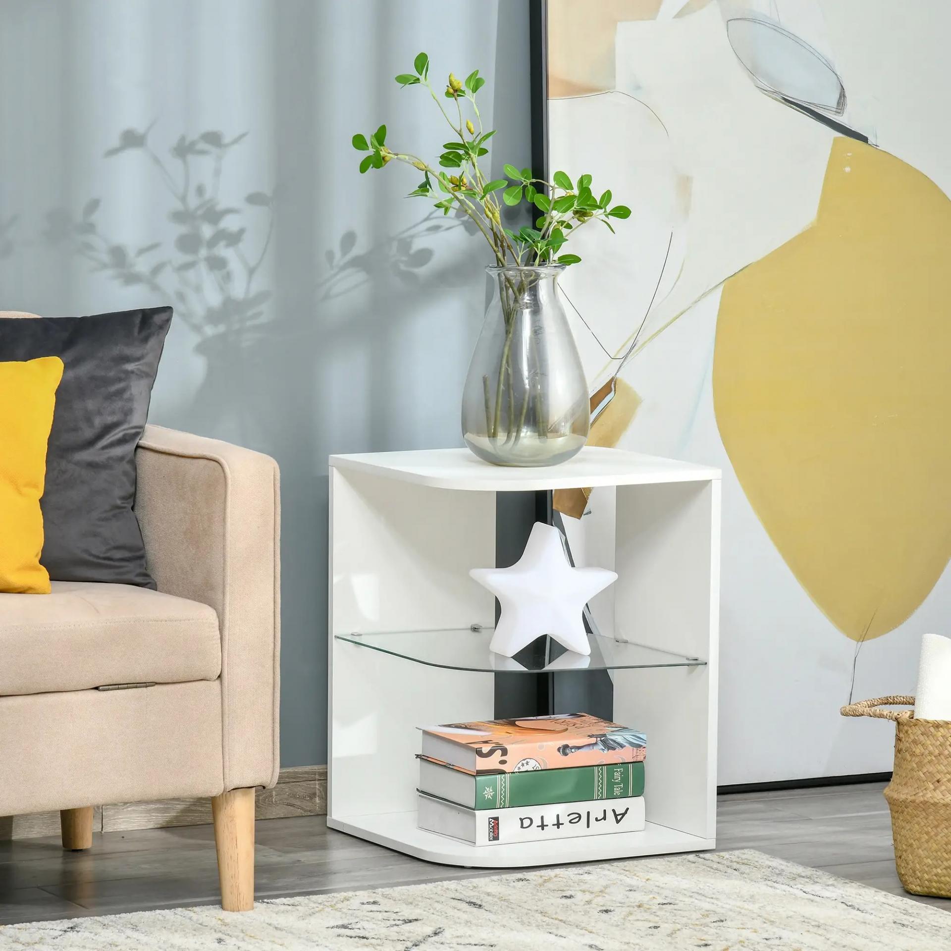 Mesita Auxiliar de Salón Moderna Mesilla de Noche con 3 Estantes Tablero de Cristal Mesita de Café para Sala de Estar Dormitorio 40x40x56 cm Blanco