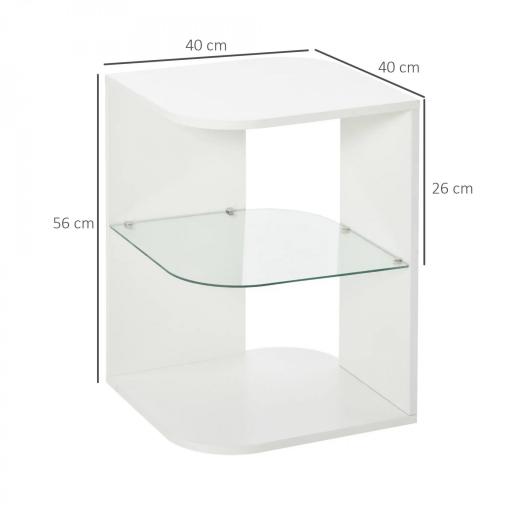 Mesita Auxiliar de Salón Moderna Mesilla de Noche con 3 Estantes Tablero de Cristal Mesita de Café para Sala de Estar Dormitorio 40x40x56 cm Blanco [1]