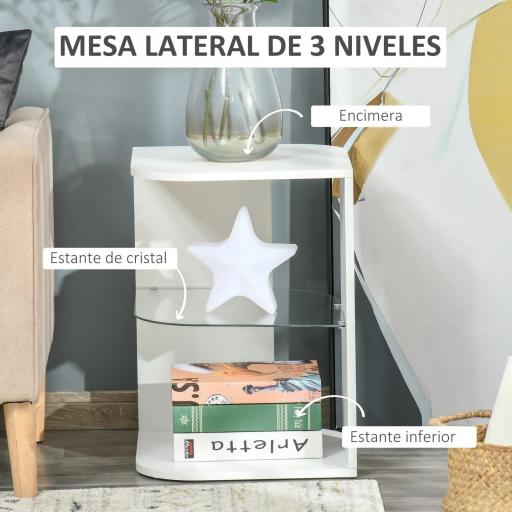 Mesita Auxiliar de Salón Moderna Mesilla de Noche con 3 Estantes Tablero de Cristal Mesita de Café para Sala de Estar Dormitorio 40x40x56 cm Blanco [2]