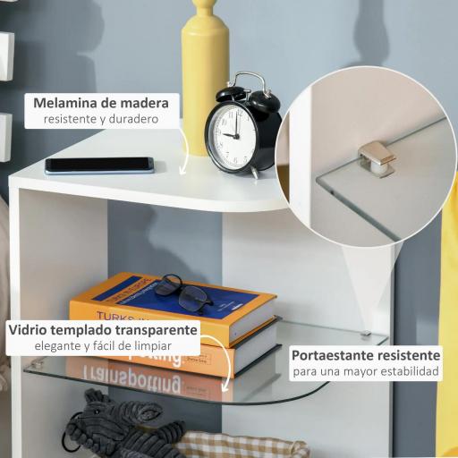 Mesita Auxiliar de Salón Moderna Mesilla de Noche con 3 Estantes Tablero de Cristal Mesita de Café para Sala de Estar Dormitorio 40x40x56 cm Blanco [3]
