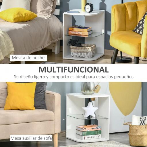 Mesita Auxiliar de Salón Moderna Mesilla de Noche con 3 Estantes Tablero de Cristal Mesita de Café para Sala de Estar Dormitorio 40x40x56 cm Blanco [4]