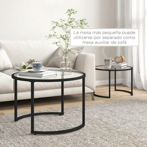 Juego de 2 Mesas Nido Mesas de Centro Redondas Tablero de Cristal Templado Marco de Acero Negro y Transparente [5]