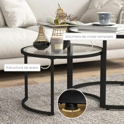 Juego de 2 Mesas Nido Mesas de Centro Redondas Tablero de Cristal Templado Marco de Acero Negro y Transparente [2]