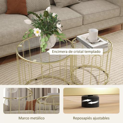 Conjunto de 2 Mesas Auxiliares Tipo Nido con Estructura de Metal y Encimera de Cristal Ø50x50 cm y Ø40x40 cm Dorado [2]