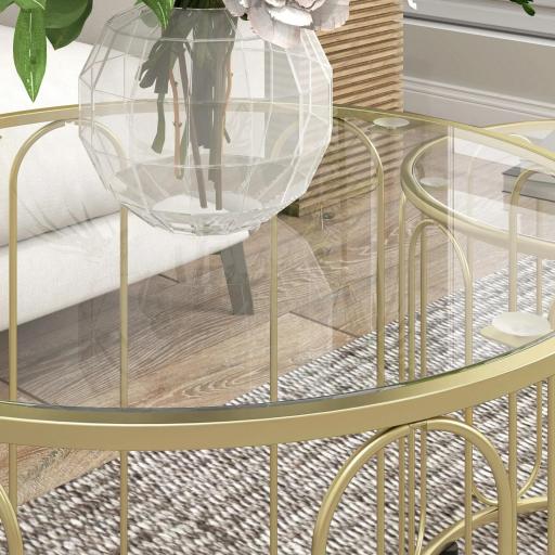 Conjunto de 2 Mesas Auxiliares Tipo Nido con Estructura de Metal y Encimera de Cristal Ø50x50 cm y Ø40x40 cm Dorado [4]