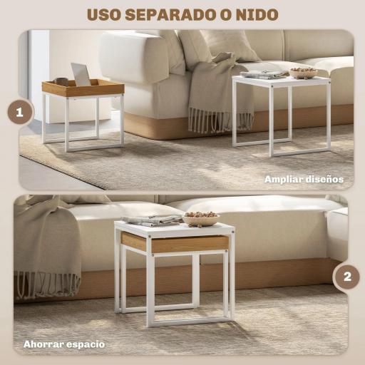 Mesas Nidos de 2 Piezas con Marco de Acero Mesas de Centro Pequeñas para Dormitorio Blanco y Roble [2]