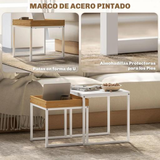 Mesas Nidos de 2 Piezas con Marco de Acero Mesas de Centro Pequeñas para Dormitorio Blanco y Roble [3]
