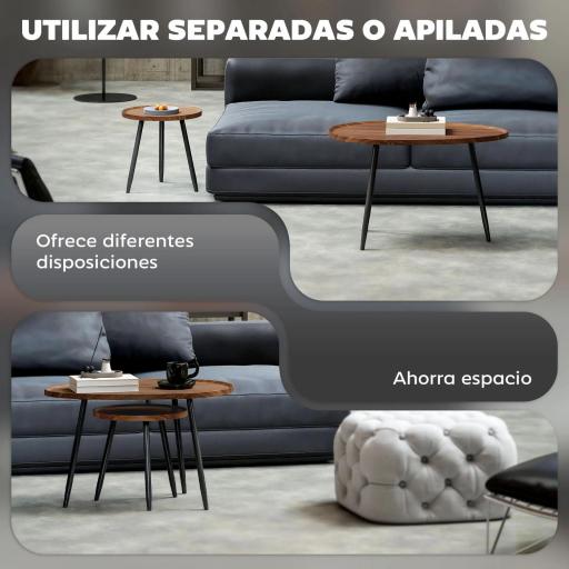Juego de 2 Mesas Auxiliares Apilables Mesas Nido Estilo Moderno con Marco de Metal para Salón Dormitorio Efecto Madera [4]