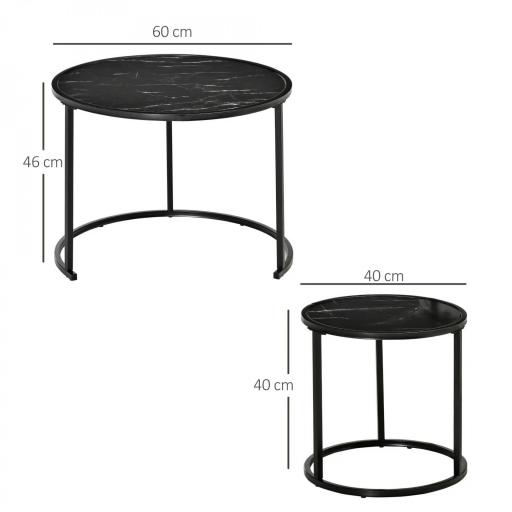 Juego de 2 Mesas Auxiliares Redondas Apilables Mesas Nidos con Encimera en Efecto de Mármol Ø60x46 cm y Ø40x40 cm Negro [1]