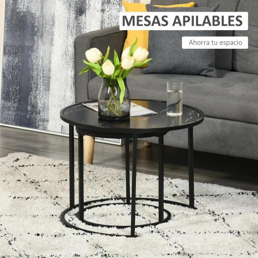 Juego de 2 Mesas Auxiliares Redondas Apilables Mesas Nidos con Encimera en Efecto de Mármol Ø60x46 cm y Ø40x40 cm Negro [2]