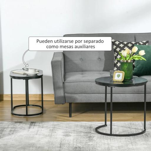 Juego de 2 Mesas de Centro Mesitas Auxiliares Tablero con Efecto Mármol Marco de Acero Negro [5]