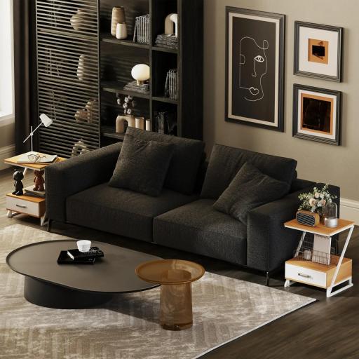 Juego de 2 Mesitas Auxiliares en Forma de Z con Cajón y Compartimento Mesita Auxiliar para Salón 40x35x50 cm Natural