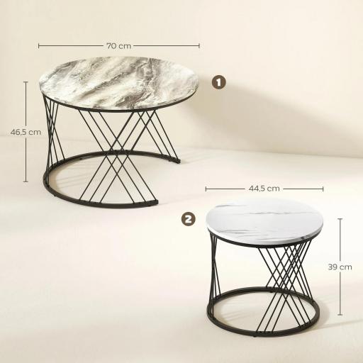 Juego de 2 Mesas Nido Mesas de Centro para Salón Redondas con Tablero con Diseño de Mármol Gris y Blanco [1]