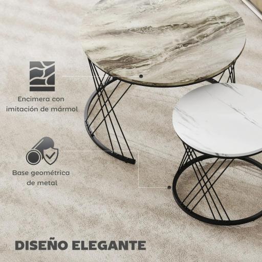 Juego de 2 Mesas Nido Mesas de Centro para Salón Redondas con Tablero con Diseño de Mármol Gris y Blanco [3]