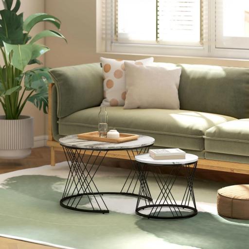 Juego de 2 Mesas Nido Mesas de Centro para Salón Redondas con Tablero con Diseño de Mármol Gris y Blanco [5]