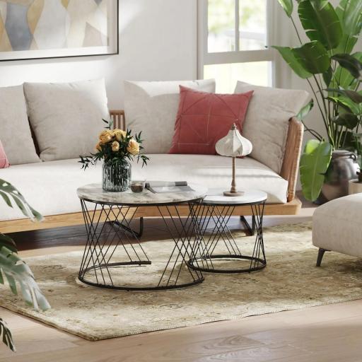 Juego de 2 Mesas Nido Mesas de Centro para Salón Redondas con Tablero con Diseño de Mármol Gris y Blanco [6]