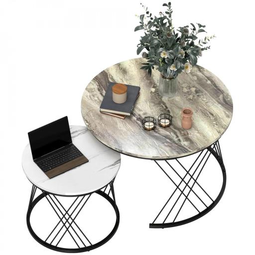 Juego de 2 Mesas Nido Mesas de Centro para Salón Redondas con Tablero con Diseño de Mármol Gris y Blanco [8]