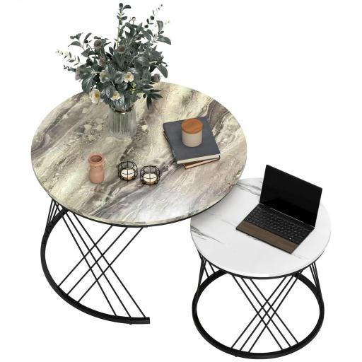 Juego de 2 Mesas Nido Mesas de Centro para Salón Redondas con Tablero con Diseño de Mármol Gris y Blanco [9]