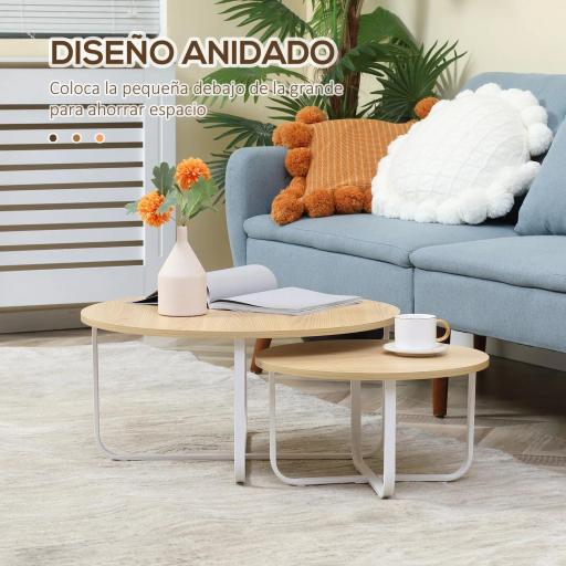 Juego de 2 Mesas de Centro Ø65x32 cm y Ø45x26 cm con Encimera de Madera y Patas de Metal Natural y Blanco [3]