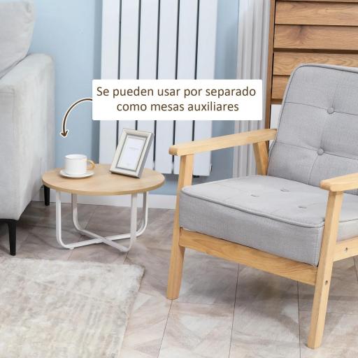 Juego de 2 Mesas de Centro Ø65x32 cm y Ø45x26 cm con Encimera de Madera y Patas de Metal Natural y Blanco [4]