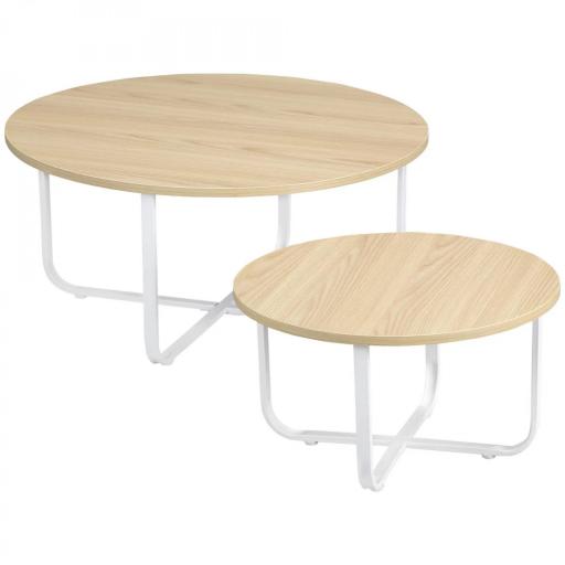 Juego de 2 Mesas de Centro Ø65x32 cm y Ø45x26 cm con Encimera de Madera y Patas de Metal Natural y Blanco [8]