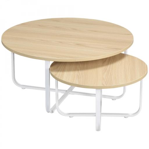 Juego de 2 Mesas de Centro Ø65x32 cm y Ø45x26 cm con Encimera de Madera y Patas de Metal Natural y Blanco [9]