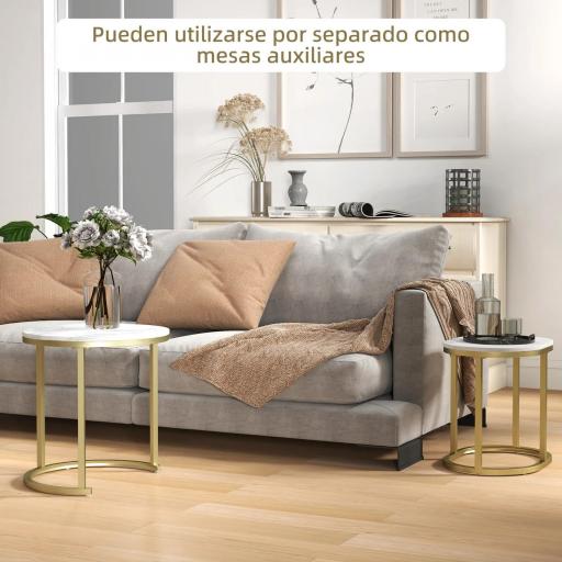 Juego de 2 Mesas de Centro Mesitas Auxiliares Tablero con Efecto Mármol Marco de Acero Dorado [2]