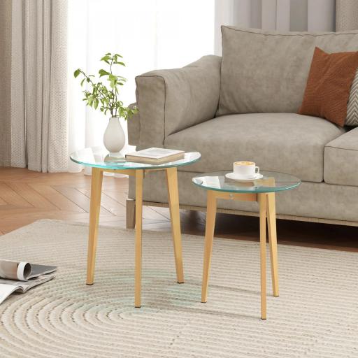 Set de 2 Mesas Auxiliares Modernas de Ø50x45 cm y Ø40x40 cm con Encimera de Vidrio Templado y Estructura de Acero