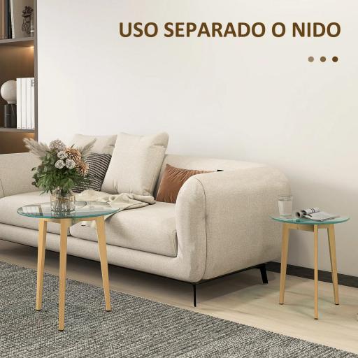 Set de 2 Mesas Auxiliares Modernas de Ø50x45 cm y Ø40x40 cm con Encimera de Vidrio Templado y Estructura de Acero [2]