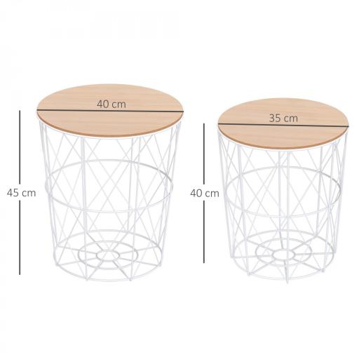 Juego de 2 Mesas Auxiliares de Salón con Tapa de Madera Extraíble y Estructura de Metal Ø40x45 cm y Ø35x40 cm Blanco [1]