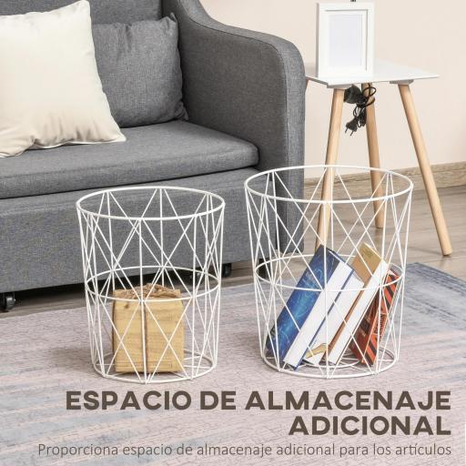 Juego de 2 Mesas Auxiliares de Salón con Tapa de Madera Extraíble y Estructura de Metal Ø40x45 cm y Ø35x40 cm Blanco [2]