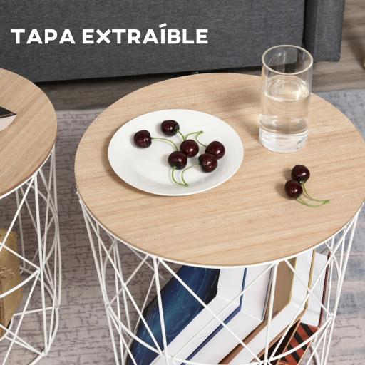 Juego de 2 Mesas Auxiliares de Salón con Tapa de Madera Extraíble y Estructura de Metal Ø40x45 cm y Ø35x40 cm Blanco [7]