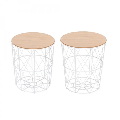 Juego de 2 Mesas Auxiliares de Salón con Tapa de Madera Extraíble y Estructura de Metal Ø40x45 cm y Ø35x40 cm Blanco [9]