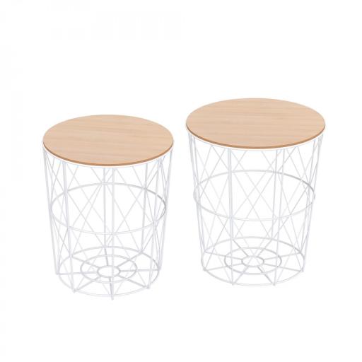 Juego de 2 Mesas Auxiliares de Salón con Tapa de Madera Extraíble y Estructura de Metal Ø40x45 cm y Ø35x40 cm Blanco [8]