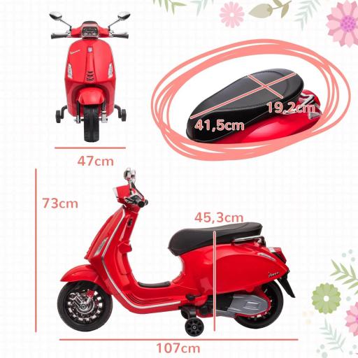 Moto Eléctrica para Niños de +3 Años con Licencia Vespa con USB MP3 Luz LED Radio FM Velocidad 3 km/h Carga 35kg Rojo [5]