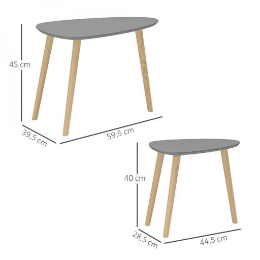Juego de 2 Mesas Auxiliares Mesas Nido con Patas de Madera 59,5x39,5x45 cm y 44,5x28,5x40 cm Gris y Natural [1]