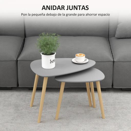 Juego de 2 Mesas Auxiliares Mesas Nido con Patas de Madera 59,5x39,5x45 cm y 44,5x28,5x40 cm Gris y Natural [2]