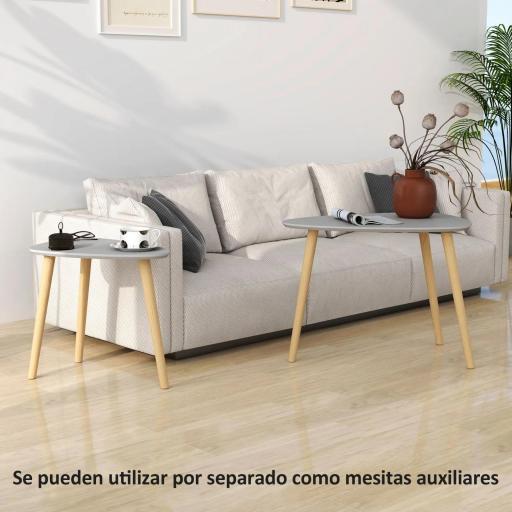 Juego de 2 Mesas Auxiliares Mesas Nido con Patas de Madera 59,5x39,5x45 cm y 44,5x28,5x40 cm Gris y Natural [5]