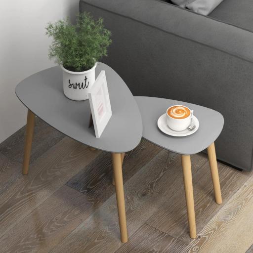 Juego de 2 Mesas Auxiliares Mesas Nido con Patas de Madera 59,5x39,5x45 cm y 44,5x28,5x40 cm Gris y Natural [6]