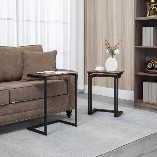 Juego de 3 Mesas Auxiliares de Estilo Industrial en Forma de C 45x30x60cm 40x28x56cm y 34x25x50cm Marrón Rústico