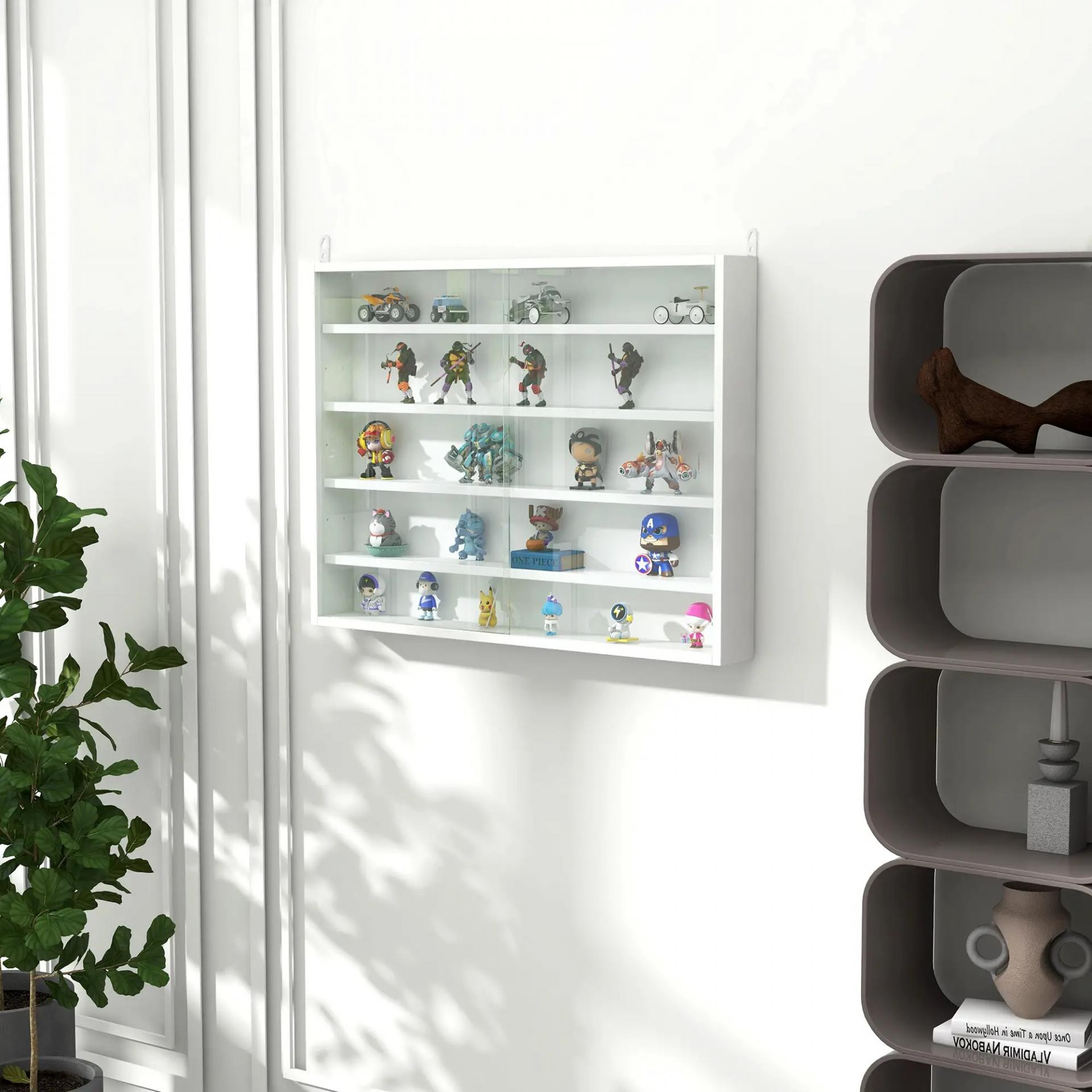 Vitrina Expositora Vitrina de Pared con Estantes Ajustables y 2 Puertas Correderas de Vidrio para Colecciones Perfumes Figuras de Decoración 80x9,5x60 cm Blanco
