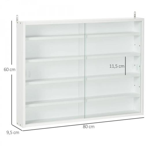Vitrina Expositora Vitrina de Pared con Estantes Ajustables y 2 Puertas Correderas de Vidrio para Colecciones Perfumes Figuras de Decoración 80x9,5x60 cm Blanco [1]