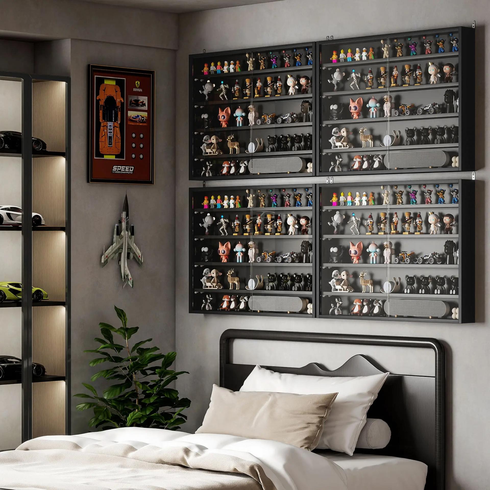 Vitrina de Pared Vitrina de Madera con Estantes Ajustables y 2 Puertas Correderas de Cristal 80x9,5x60 cm Negro