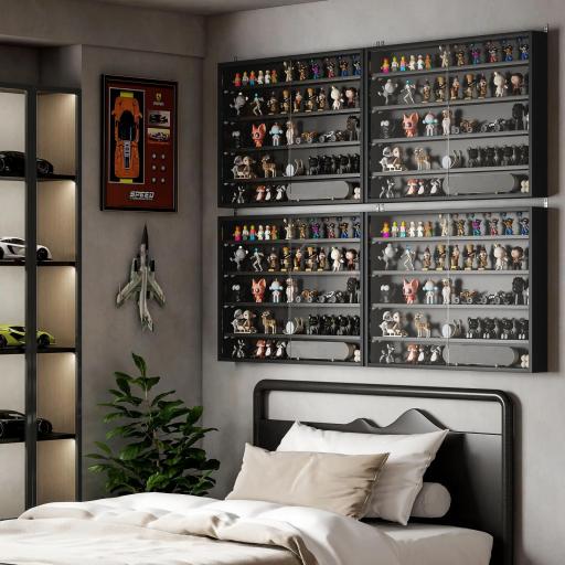 Vitrina de Pared Vitrina de Madera con Estantes Ajustables y 2 Puertas Correderas de Cristal 80x9,5x60 cm Negro