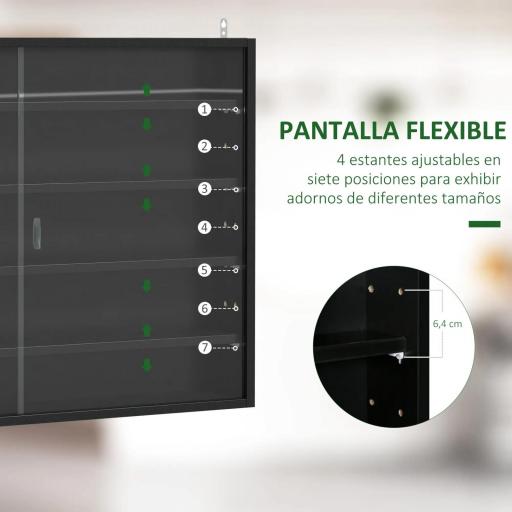 Vitrina de Pared Vitrina de Madera con Estantes Ajustables y 2 Puertas Correderas de Cristal 80x9,5x60 cm Negro [6]
