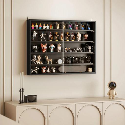 Vitrina de Pared Vitrina de Madera con Estantes Ajustables y 2 Puertas Correderas de Cristal 80x9,5x60 cm Negro [5]