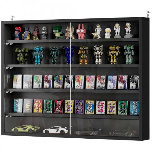 Vitrina de Pared Vitrina de Madera con Estantes Ajustables y 2 Puertas Correderas de Cristal 80x9,5x60 cm Negro [8]