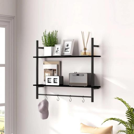 Estante de Pared de 2 Niveles Estante Flotante con 4 Ganchos 2 Estantes y Marco de Acero 80x24x65 cm Negro