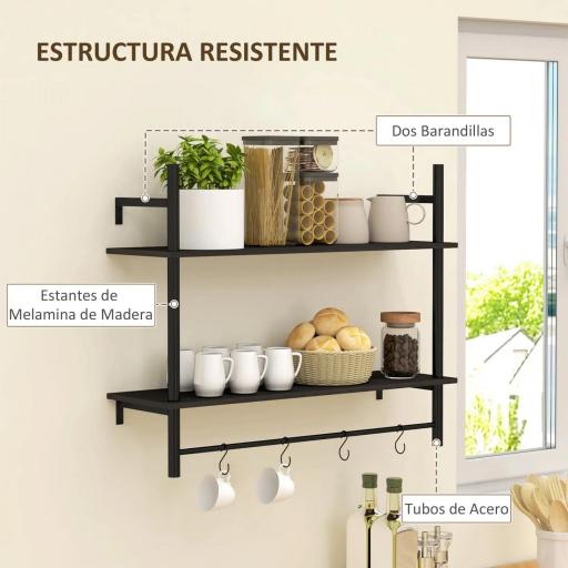 Estante de Pared de 2 Niveles Estante Flotante con 4 Ganchos 2 Estantes y Marco de Acero 80x24x65 cm Negro [2]