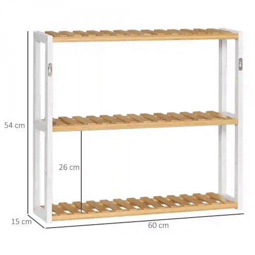Estantería de Pared de Bambú con 3 Estantes Flotantes para Salón Dormitorio Cocina 60x15x54 cm Natural y Blanco [1]